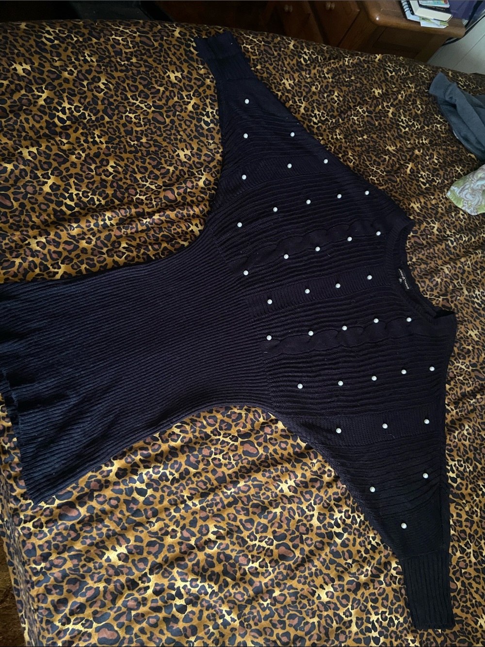 Almost Famous Black Ribbed Pearl-Accent Sweater Dress